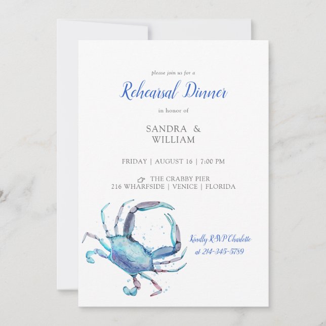Watercolor Blue Crab Coastal Bridal Shower Invitat Invitation (Front)
