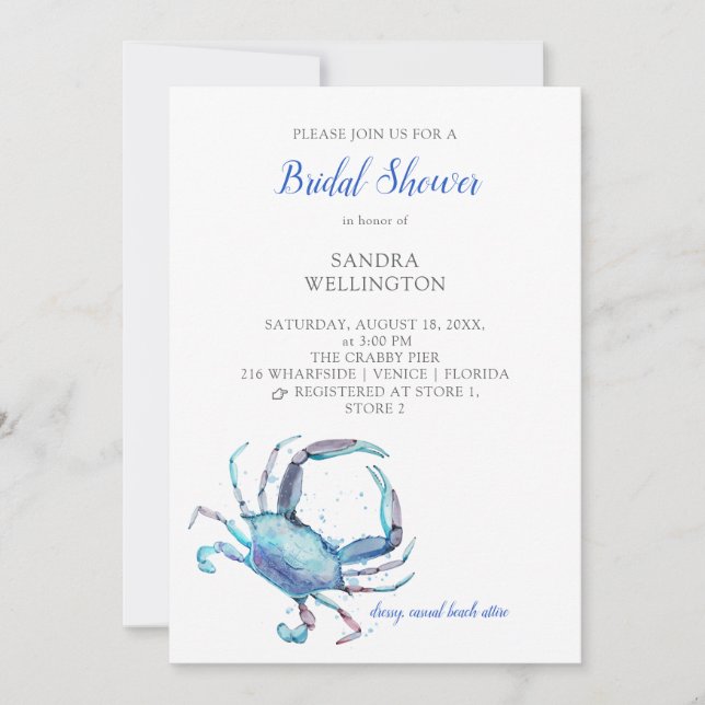 Watercolor Blue Crab Coastal Bridal Shower Invitation (Front)