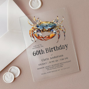 Watercolor Blue Crab Coastal Seafood 60th Birthday Acrylic Invitations