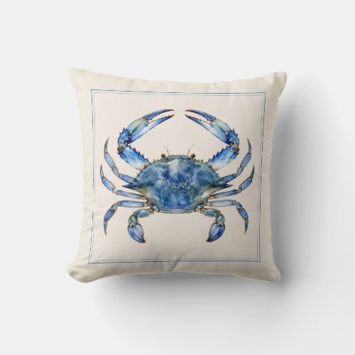 Watercolor Blue Crab Coastal Throw Pillow