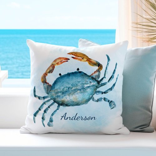 Watercolor Blue Crab Coastal Throw Pillow