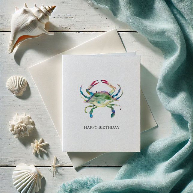 Watercolor Blue Crab Happy Birthday Greeting Card (Watercolor blue crab birthday cards by Victoria Grigaliunas of Do Tell A Belle)
