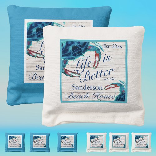 Watercolor Blue Crab Life is Better at Beach House Cornhole Bags