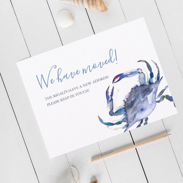 Watercolor Blue Crab Moving Announcement Postcard (Beach moving announcement postcards cards watercolor crab art Victoria Grigaliunas Do Tell A Belle)