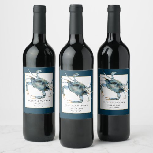 Watercolor Blue Crab Nautical Wedding Wine Label