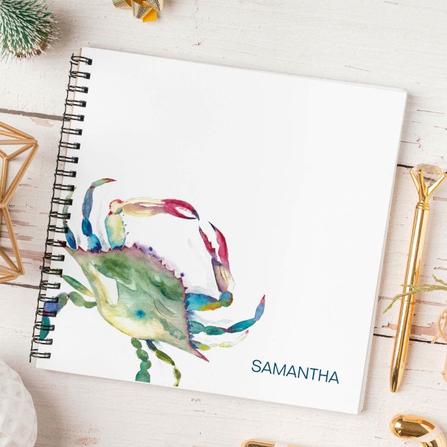 Watercolor Blue Crab Personalized Journaling Notebook (Personalized notebooks watercolor blue crab art by Victoria Grigaliunas Do Tell A Belle)