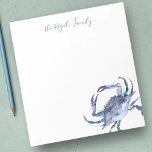 Watercolor Blue Crab Personalized Stationery Notepad<br><div class="desc">Elegant and coastal,  this personalized stationery features your family name or monogram in a hand lettered script typography with my watercolor crab in shades of blue. Perfect for weddings or your summer notes. To see more office home living designs and crab gifts like this visit www.zazzle.com/dotellabelle</div>