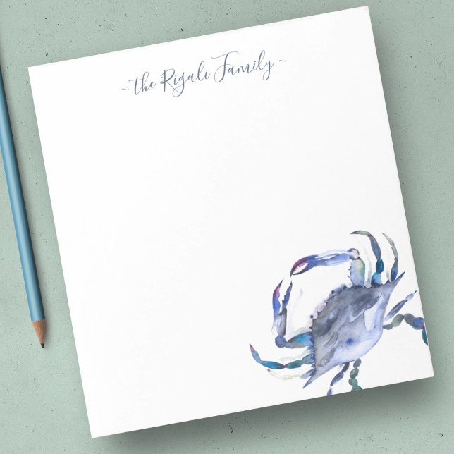 Watercolor Blue Crab Personalized Stationery Notepad (custom note pad beach blue watercolor crab )