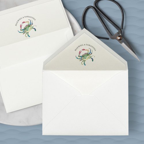 Watercolor Blue Crab Personalized Wedding Envelope Envelope Liner