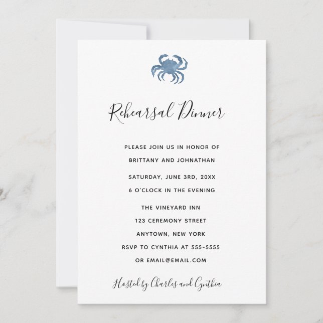 Watercolor Blue Crab Rehearsal Dinner Invitations (Front)