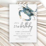 Watercolor Blue Crab Seafood 21st Birthday Invitation<br><div class="desc">The perfect birthday invitation for celebrating a special 21st birthday with a coastal theme, this design features a blue crab in the upper corner in vibrant watercolors. The invitation text pairing is modern with a casual elegance that is both tasteful and hospitable. It works beautifully for him or her and...</div>
