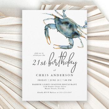 Watercolor Blue Crab Seafood 21st Birthday Invitation by Oasis_Landing at Zazzle