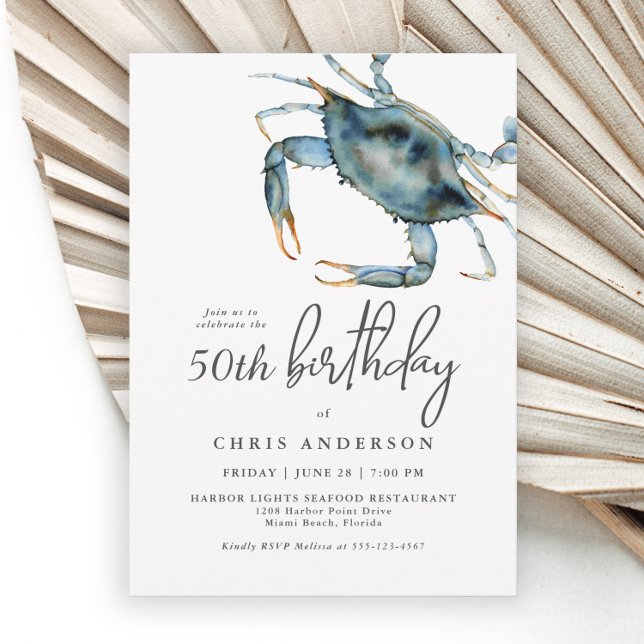Watercolor Blue Crab Seafood 50th Birthday Invitation