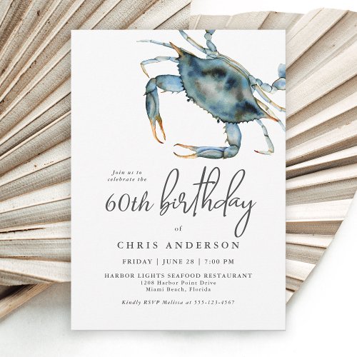 Watercolor Blue Crab Seafood 60th Birthday Invitation