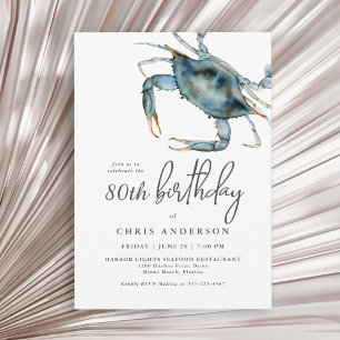 Watercolor Blue Crab Seafood 80th Birthday Invitation