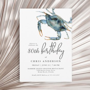 Watercolor Blue Crab Seafood 80th Birthday Invitation by Oasis_Landing at Zazzle