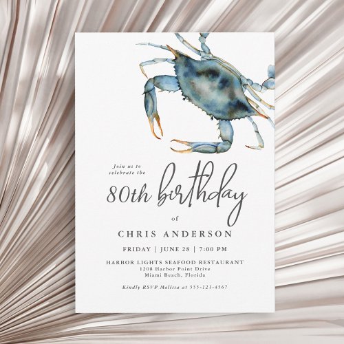 Watercolor Blue Crab Seafood 80th Birthday Invitation