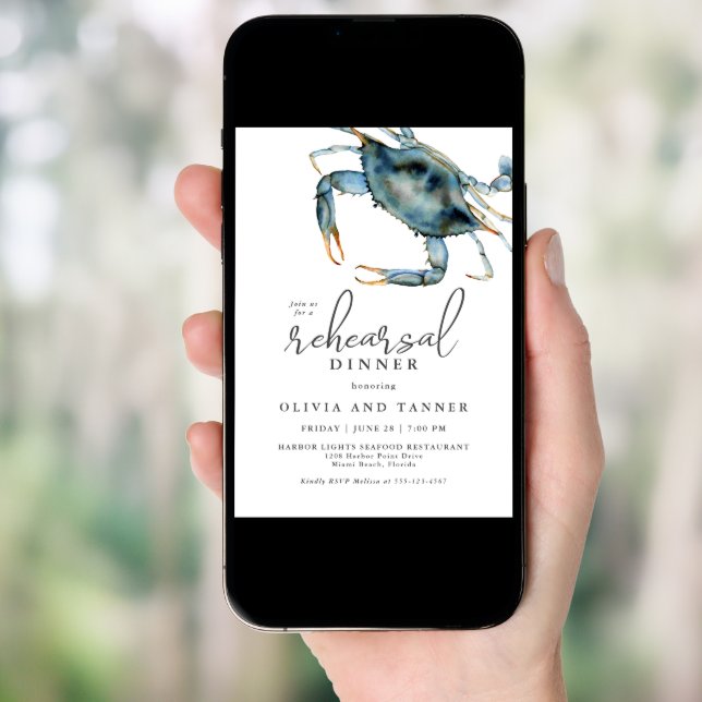 Watercolor Blue Crab Seafood Rehearsal Dinner Invitation (Front Digital)