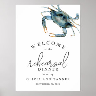Watercolor Blue Crab Seafood Rehearsal Dinner Poster