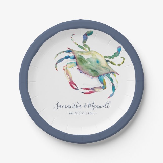 Watercolor Blue Crab Small Beach Wedding  Paper Plates (Front)