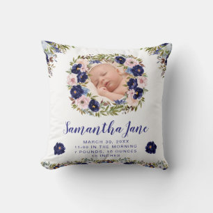 Watercolor Blue & Cream Flowers Wreath Baby Photo Throw Pillow