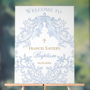 watercolor blue crest Baptism welcome sign