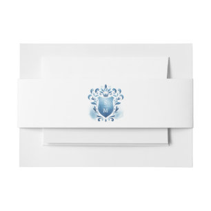 Watercolor Blue Crest Monogram Wedding Invitation Belly Band