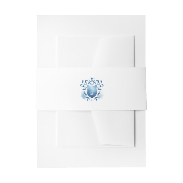 Watercolor Blue Crest Monogram Wedding Invitation Invitation Belly Band (Front Example)