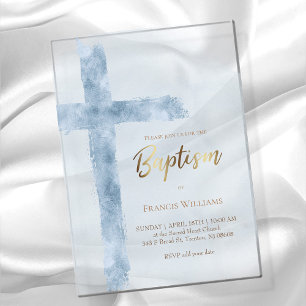 watercolor blue cross Baptism Acrylic Invitations