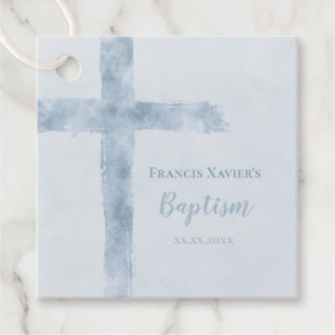 watercolor blue cross Baptism Favor Tags