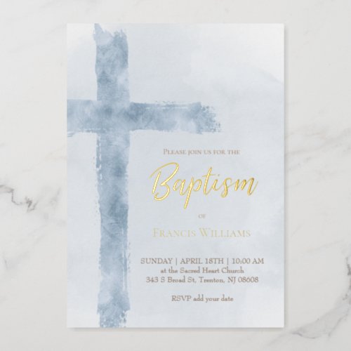 watercolor blue cross Baptism Foil Invitation