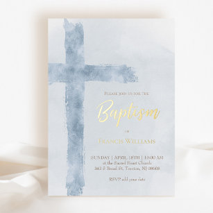 watercolor blue cross Baptism Foil Invitation