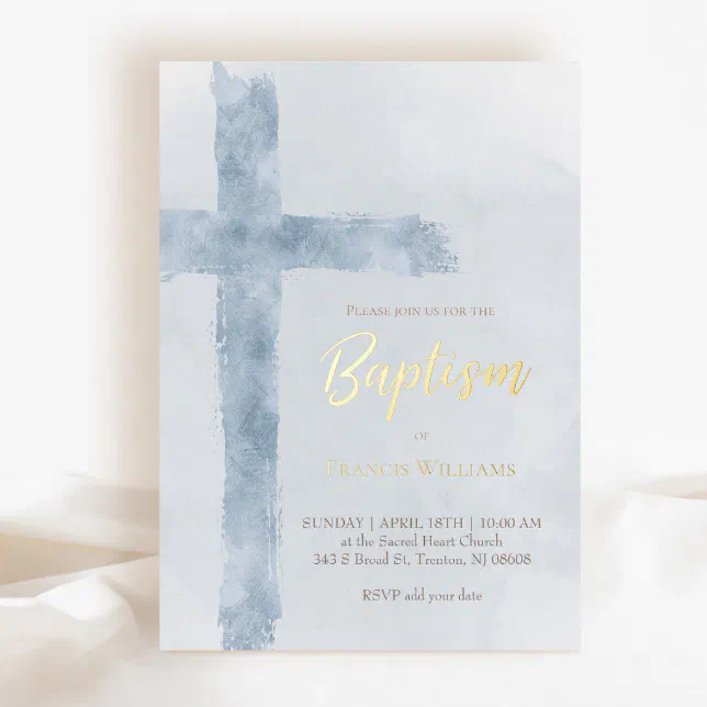 watercolor blue cross Baptism Foil Invitation | Zazzle