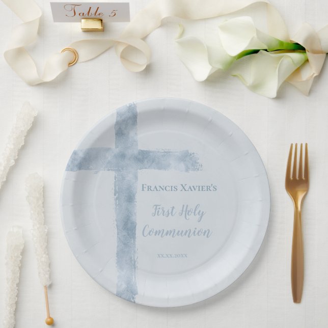 watercolor blue cross  First Communion  Paper Plates (Wedding)