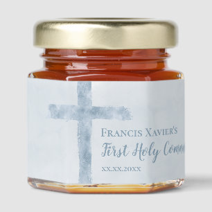 watercolor blue cross First Holy Communion Honey Jar Favors