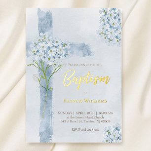 watercolor blue cross Hydrangea flowers Baptism Foil Invitation