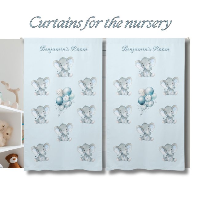 Watercolor Blue Cute Elephant Baby Boy Room  Blackout Curtains (Creator Uploaded)