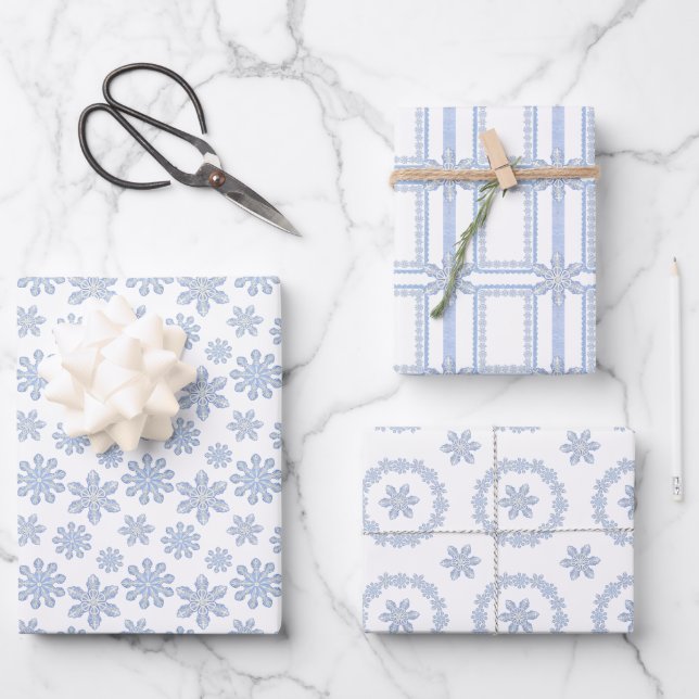 Watercolor Blue Designer Snowflake Wrapping Paper Sheets (Front)