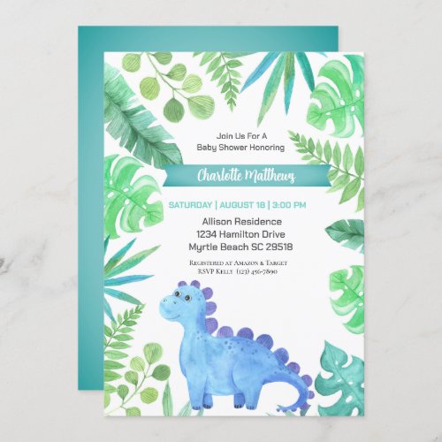 Watercolor Blue Dinosaur Boys Baby Shower  Invitation