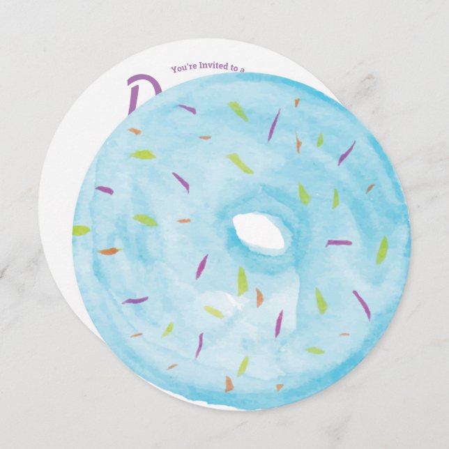Watercolor Blue Donut Sprinkle Mix Round Invitation (Front/Back)