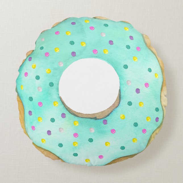 Watercolor Blue Donut Sprinkles Cute Doughnut Round Pillow (Front)