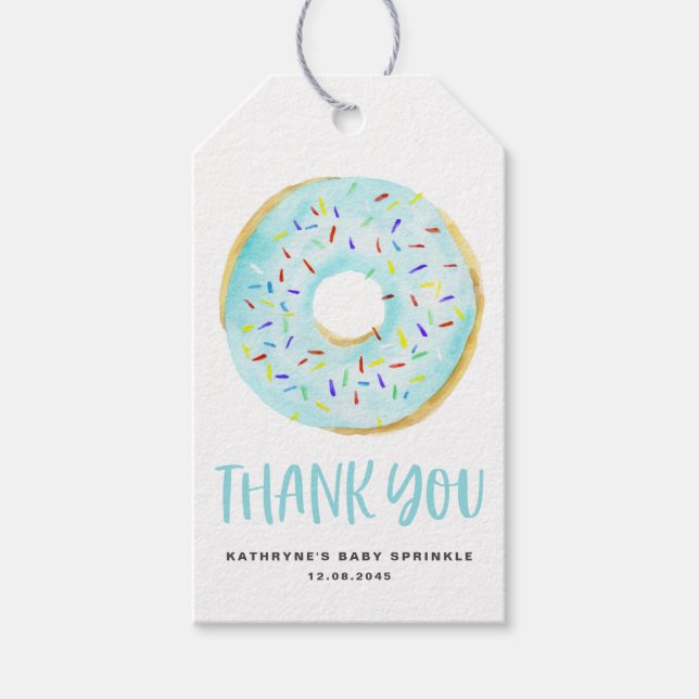 Watercolor Blue Donuts Baby Sprinkle Thank You Gift Tags (Front)