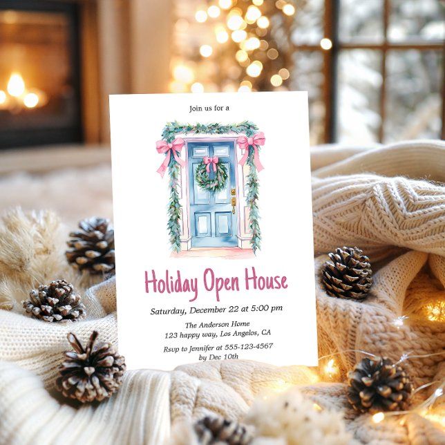 Watercolor Blue Door Holiday Open House Christmas Invitation (Creator Uploaded)