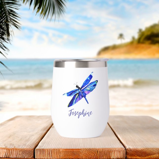 Watercolor Blue Dragonfly Hand-Illustrated Custom  Thermal Wine Tumbler (Beach)
