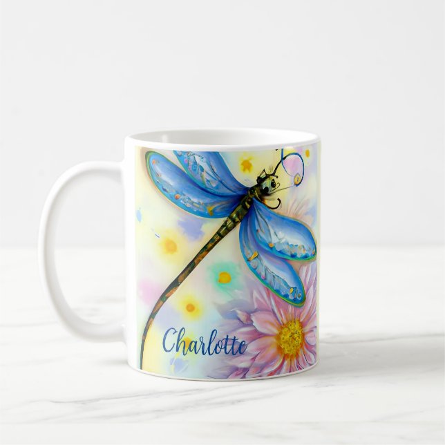 Watercolor Blue Dragonfly, Personalize Coffee Mug (Left)