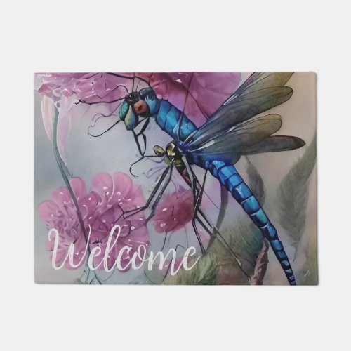 Watercolor Blue Dragonfly Personalize   Doormat