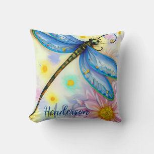 Watercolor Blue Dragonfly, Personalize Doormat Throw Pillow