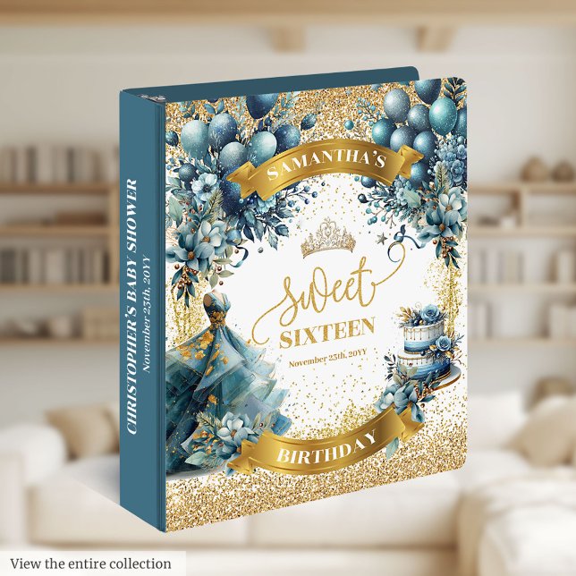 Watercolor Blue Dress Sweet 16 Gold Glitter Binder (Watercolor Blue Dress Sweet 16 Gold Glitter Binder)