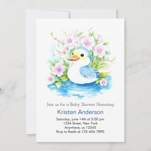Watercolor Blue Duckling Boy Baby Shower Invitation (Front)
