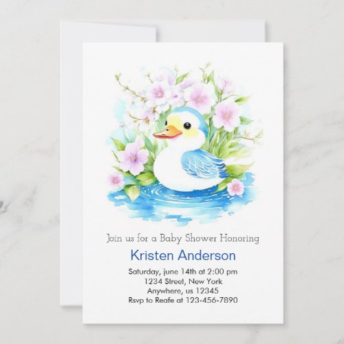 Watercolor Blue Duckling Boy Baby Shower Invitation